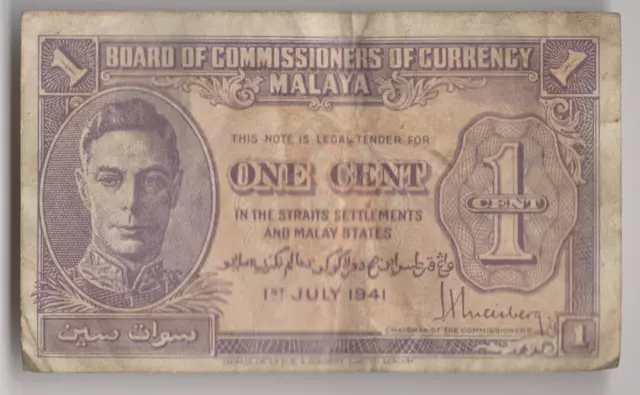1941 Malaya 1 Cent Banknote George VI