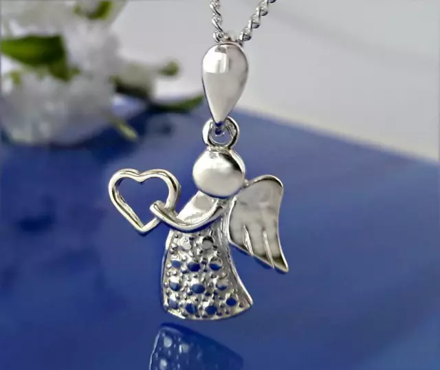 Engel Anhänger Silber 925 Herz Halskette 40 cm - 50 cm echt Sterlingsilber su361