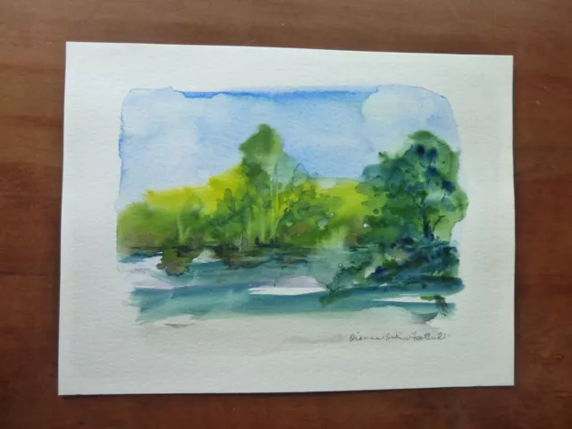 Watercolor Landscape Green Trees and Blue Sky,Dianne Orkin Footlick 7 X 9 1/4"
