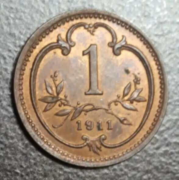 1911 Austria 1 Heller Red Au Unc Old Bronze Coin Lustrous Km 2800 2