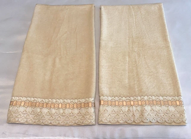 Vintage FIELDCREST Towels Pair IVORY Eyelet Lace Peach RIBBON Cotton Bath