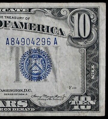 Tough $10 1934A Mule blue seal Silver Certificate A84904296A series A ten dollar