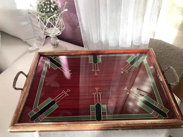 Antik Jugendstil Tablett Glas Holz Messing weinrot grün gold braun