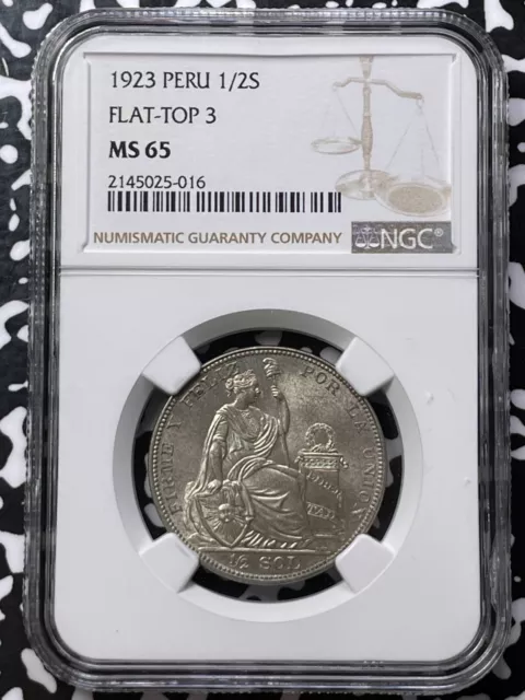 1923 Peru 1/2 Sol NGC MS65 Lot#G5312 Gem BU! Top Graded! Flat Top "3"