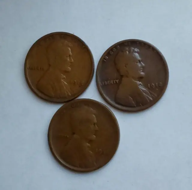1918 PDS Lincoln Wheat Cents Fine Collector Coins-Total of 3 One Cent Pcs