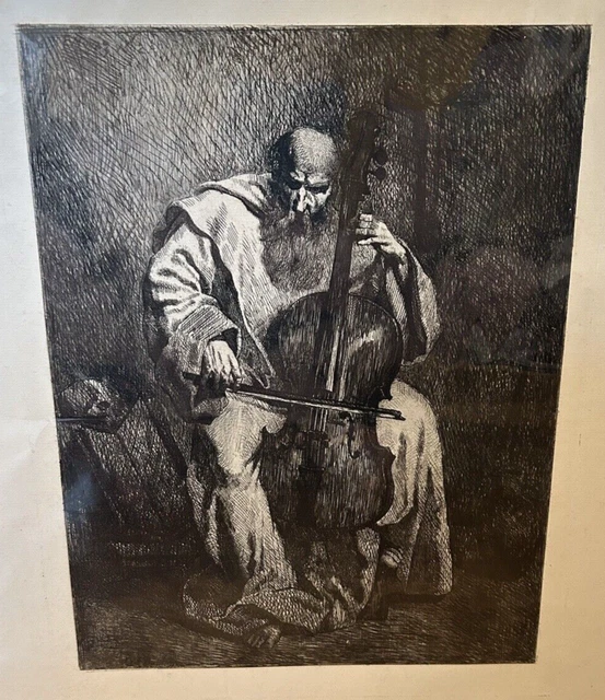 Museum Quality Antique Engraving Man with Cello Skull 19th Century Macabre Look!