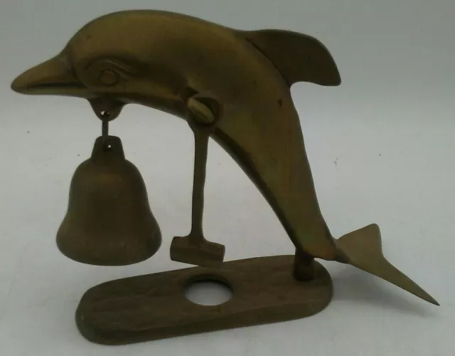 Vintage Brass Dolphin Figurine W/ Bell & Swinging Striker Hammer To Hit Bell