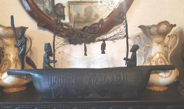 RARE  Lake MALAWI AFRICAN Tribal Art Hand Carved Ebony wood Boat Fishing