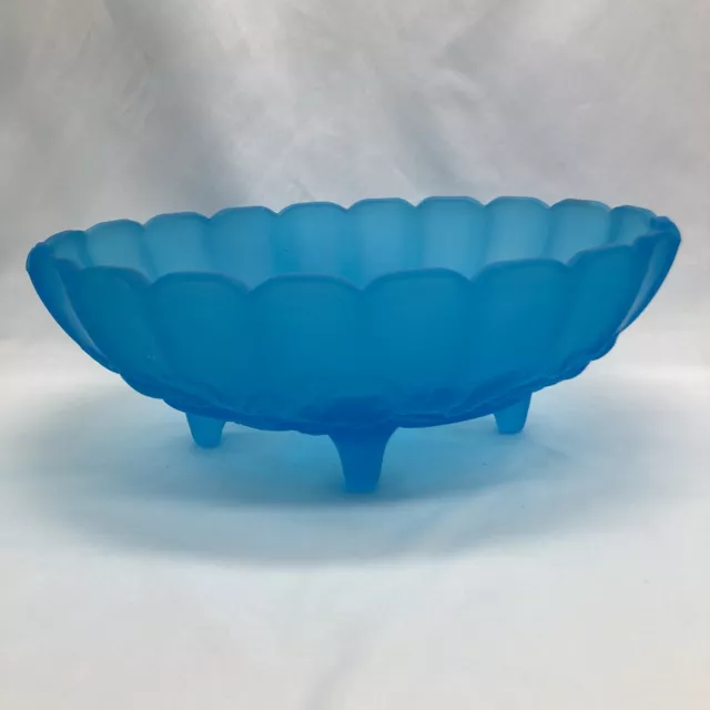 Indiana Glass Company Satin Mist Blue Oval Center Footed Bowl Frosted Vintage