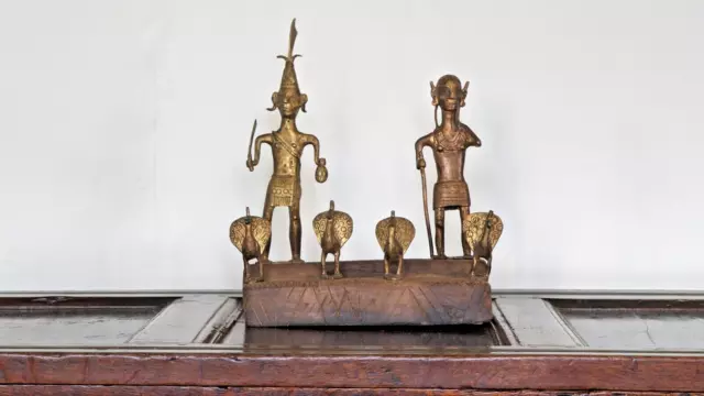 Konyak Naga Brass Tribal Statue Set on Wooden Stand - Nagaland Primitive Art