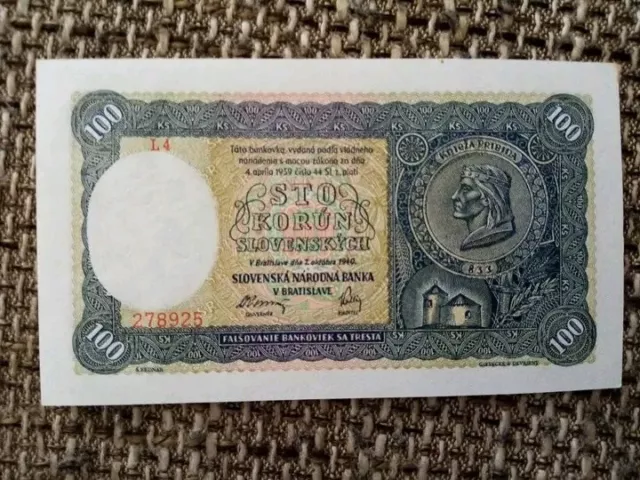 Slovakia 100 korun 1940 aUNC Banknote Scarce Not Perforated Slowakei Papiergeld