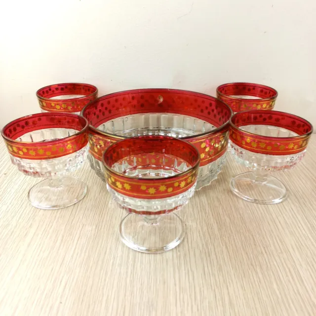 Vintage Stampi Francolini Italy 1960's Fruit Trifle Bowl Set Footed Red Gold