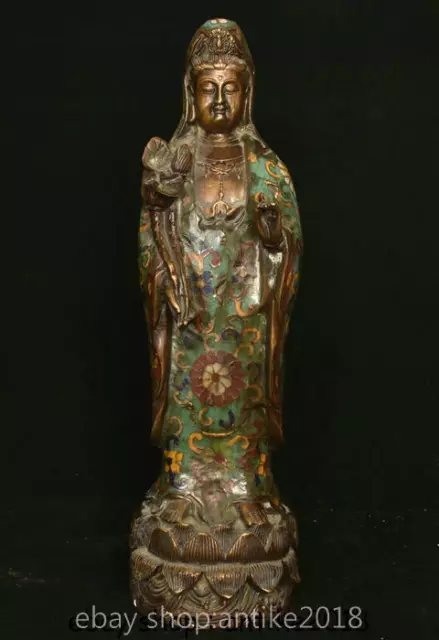 12" Old Chinese Bronze Cloisonne Stand Fengshui Kwan-yin Guan Yin Goddess Statue
