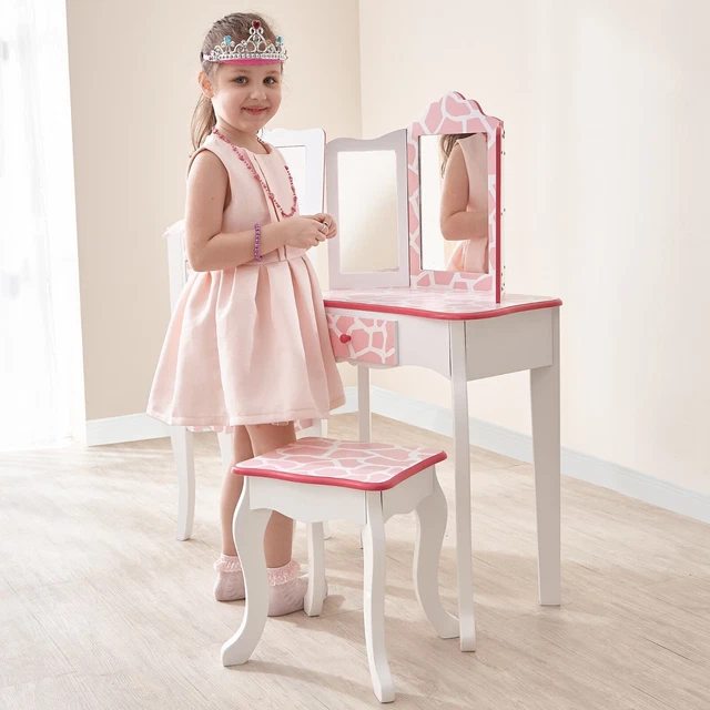 Tavolo vanità in legno bambini con sgabello stampa giraffa rosa sfacciato!!!