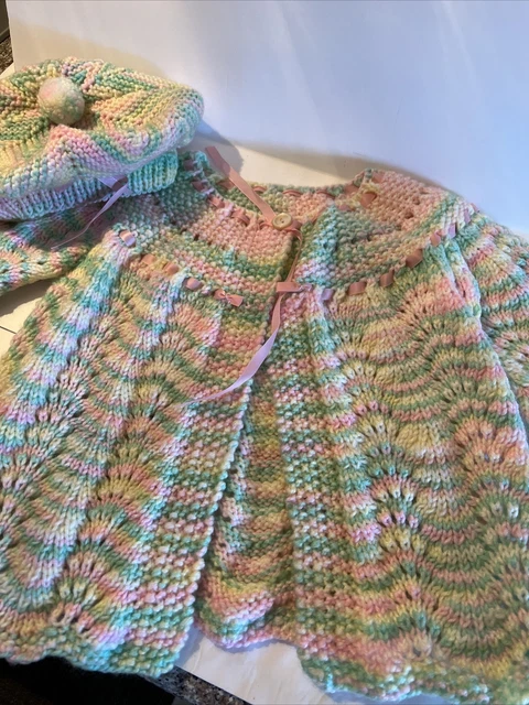 Homemade Crocheted Girls Sweater And Beret Cap Set Pastels 1950s Style