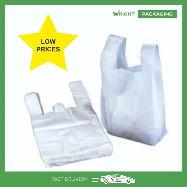 LARGE PLASTIC CARRIER BAGS - ** LOW PRICE ** 11x17x21 INCHES WHITE BAGS  (10mu)