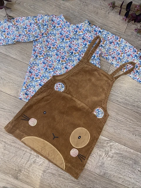 NEXT girls floral blouse bear cord pinafore dress age 4-5