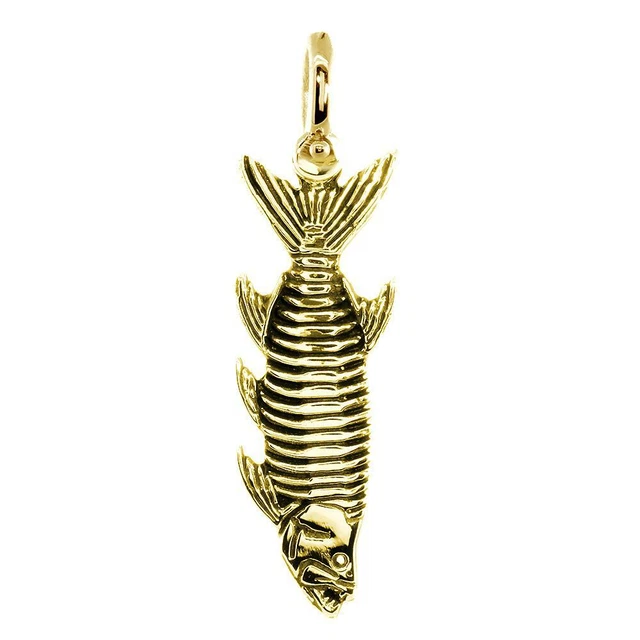 Hanging Fish Skeleton Charm with Black, 1.5 Inch Size by Manny Puig in 14k Yello