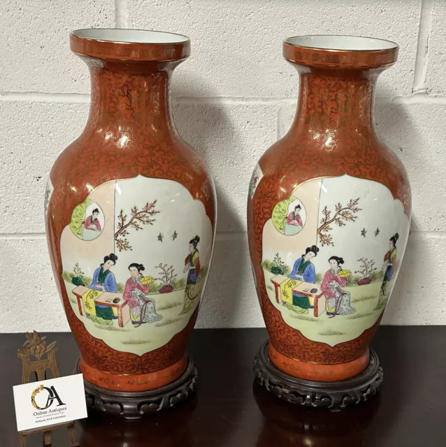 Stunning Vintage Pair Of Large Japanese Orange Vases Displayed On Hardwood Stand 3