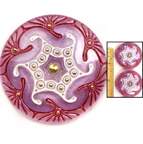 REDUCED! XXL 42mm Czech Glass FOCAL Art Deco PURPLE Gold Star SPIRAL Buttons 2pc