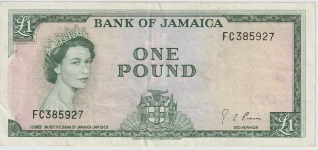 Jamaica 1 Pound Banknote 1960 Extra Fine Condition Pick#51-C"Queen Elizabeth II
