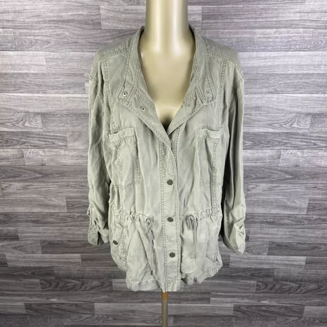 ANN TAYLOR LOFT Snap Tie Waist Green Denim Military Jacket Women's 26 Plus Size