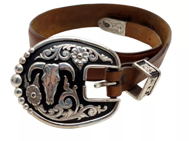 Justin Top Grain Leather Belt Size 26 Made in USA 209BY Steer Skull buckle