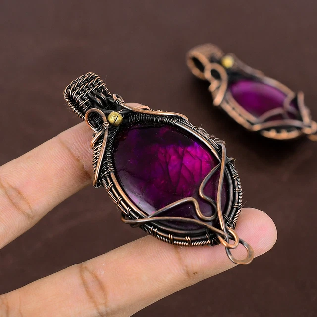 Pink Labradorite Gemstone Handmade Copper Wire Wrapped Pendant Jewelry 3" Easter