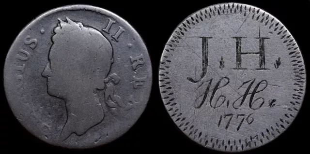 Georgian Love Token, Engraved Irish Halfpenny, JH & HH, 1776. Independence Year. Georgian Love Token, Engraved Irish Halfpenny, JH & HH, 1776. Independence Year.