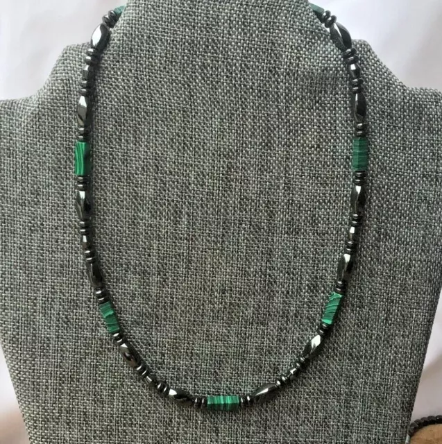 Men's Women's Magnetic Black Hematite Necklace with Malachite Beads Beautiful!