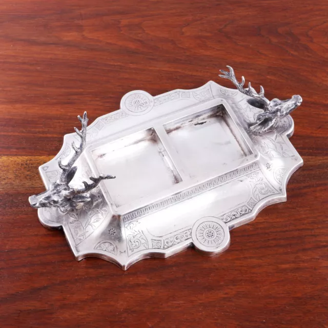 Walker & Hall English Aesthetic Sterling Silver Inkwell Stag Head Pen Rests