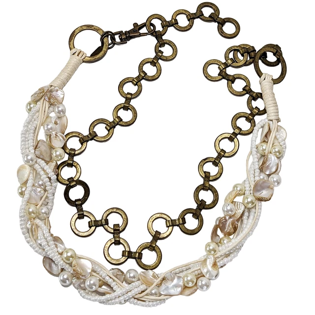 Vintage Chicos Beaded Shell Chain Link Belt Y2K 90s Beachy Coastal Brass VTG OS