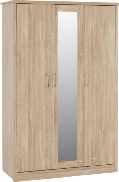 Triple Lisbon 3 Door Mirrored Wardrobe Drawer Free Standing Light Oak Effect