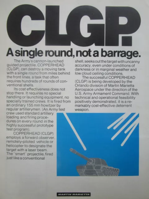 8/1976 Pub Martin Marietta Clgp Cannon Launched Guided Projectile Copperhead Ad