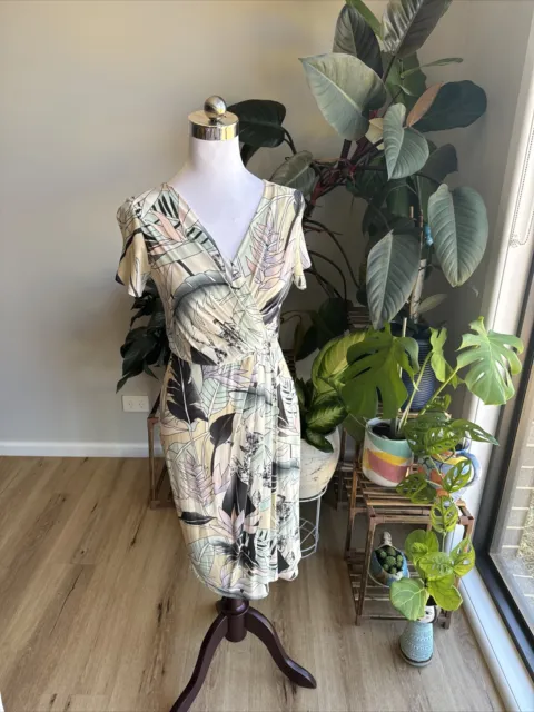 Max Mara Sheath Dress XS Botanic Print Silk Jersey Short Sleeve Stretchy