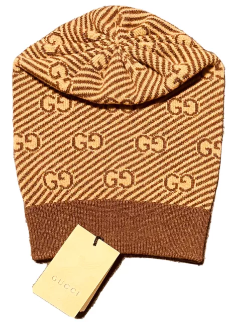 GUCCI GG BEIGE & Dark Brown Wool Beanie Hat - Knit GG Logo - size