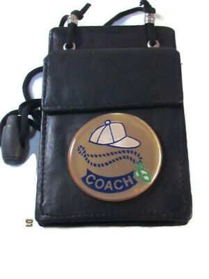 SPORTS TEAM COACH BLACK LEATHER ID / BADGE HOLDER POUCH with lanyard