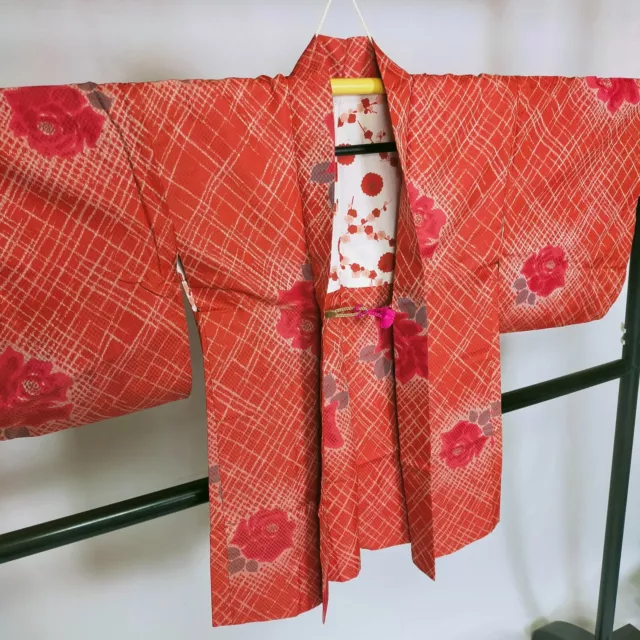 Japanese Vintage Kimono robe Meisen Haori doress jacket Rose flower pattern k881