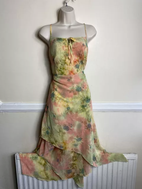 Vintage Green Floral Fairycore Chiffon Y2K Witchy Layered Hanky Dress Size 12UK