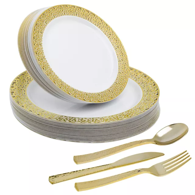 Plastic Party Set Elegant White and Gold Plates Gold Cutlery 20 Settings