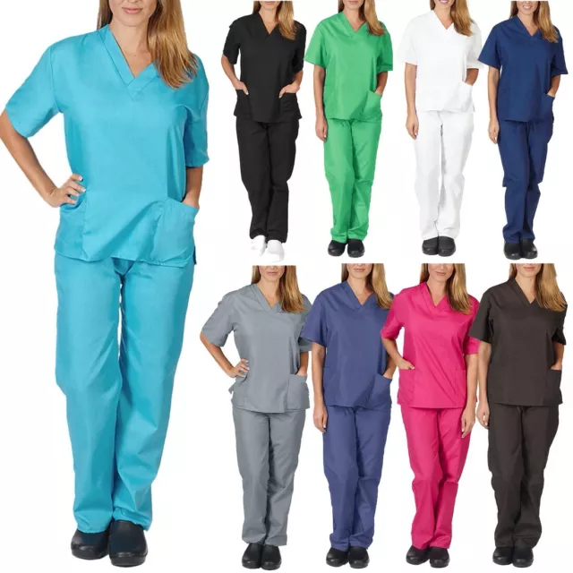 Mens Womens 2PCS Suit Hospital Medical Doctor Nurse Scrubs Tunic Work Uniform UK
