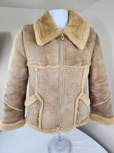 Piapa Thick Sheepskin Suede Shearling Bomber Jacket S / M Vintage USA 2