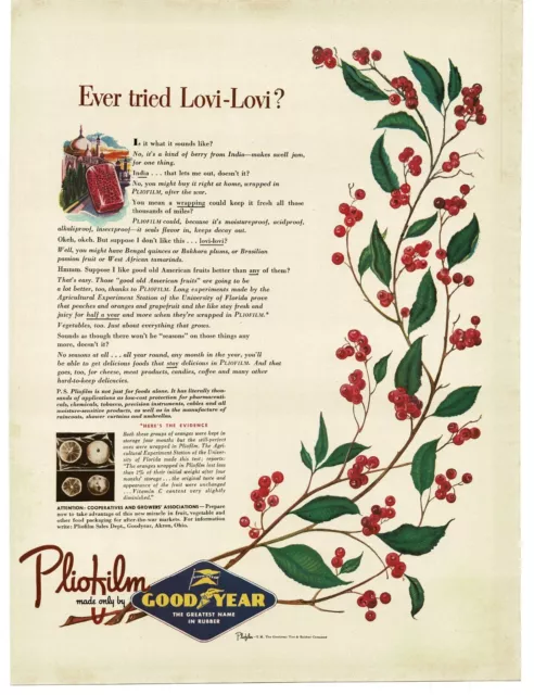 1943 Goodyear Pliofilm Plastic Food Wrap Lovi-Lovi Berries Vintage Print Ad
