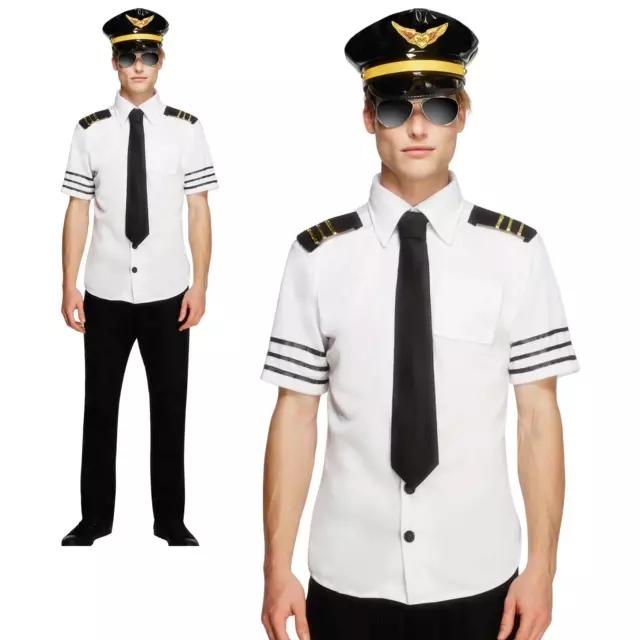 Airline Pilot Captain Costume Shirt Tie & Hat Fancy Dress Outfit Adults