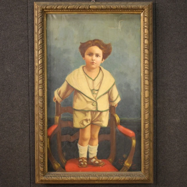 Retrato nino pintura oleo sobre lienzo cuadro marco dorado firmado fechado 1921