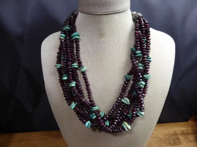 Stunning Garnet & Turquoise 6 strand beaded necklace w/ 925 Sterling Clasp