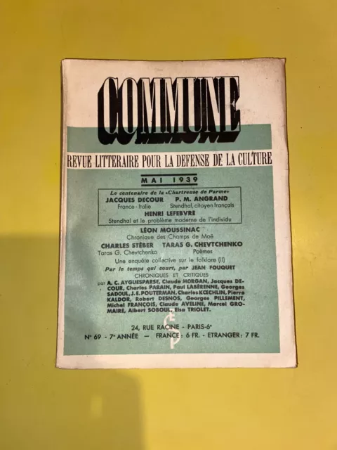 Commune Revue littéraire pour la défense de la culture mai 1939 Aragon Rolland