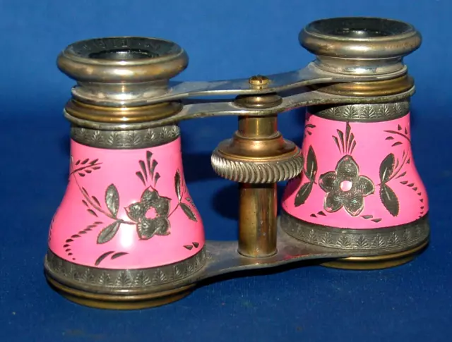 A pretty pair of 19th century opera glasses, Lamier, Paris, pink ename, floral