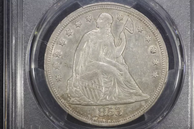 1853 Seated Liberty Dollar, mintage 46,110, PCGS AU-55