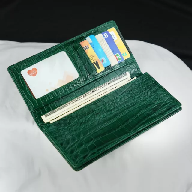 Green Leather Long Wallet Men Real Crocodile Premium Business Card Holder Wallet